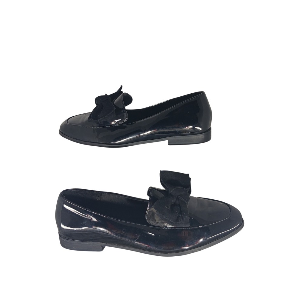 ASOS DESIGN‎ Loafers 9W Black Patent Oversized Bow Wide Fit Almond Toe Flat Shoe